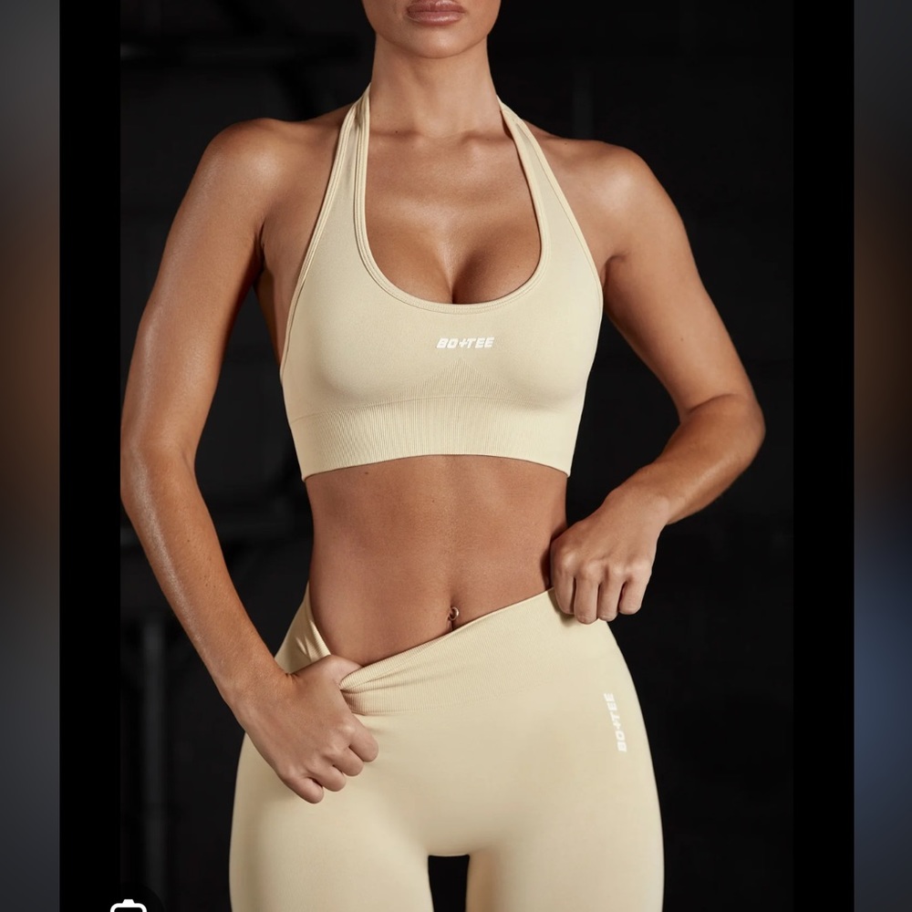 BO+TEE Focused Halter Sports Bra Beige, Size XS, Sold Out